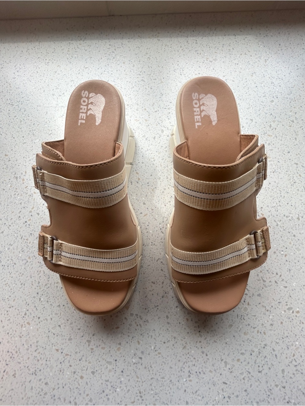 Sorel Beige Platform Slide Sandals with Double Buckles - Picture 3 of 7